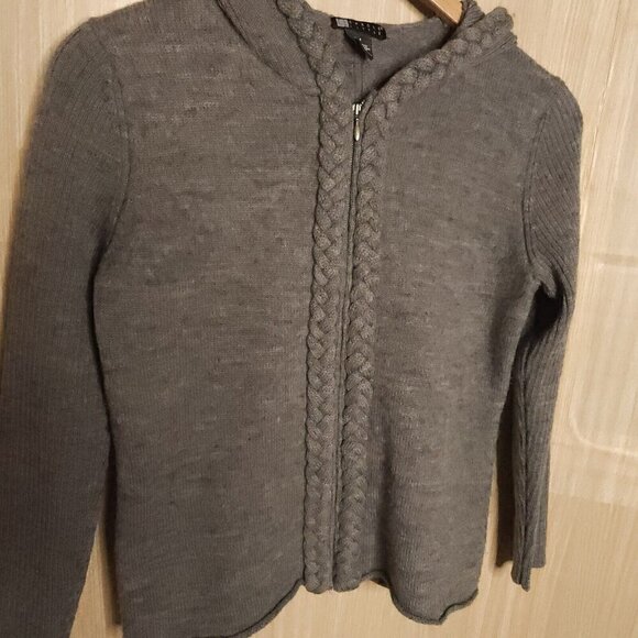 Carole Little Grey Wool Heavy Knit Hooded Full Zip Sweater Medium - Picture 3 of 7